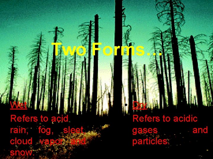 Two Forms… • Wet Refers to acid rain, fog, sleet, cloud vapor and snow.