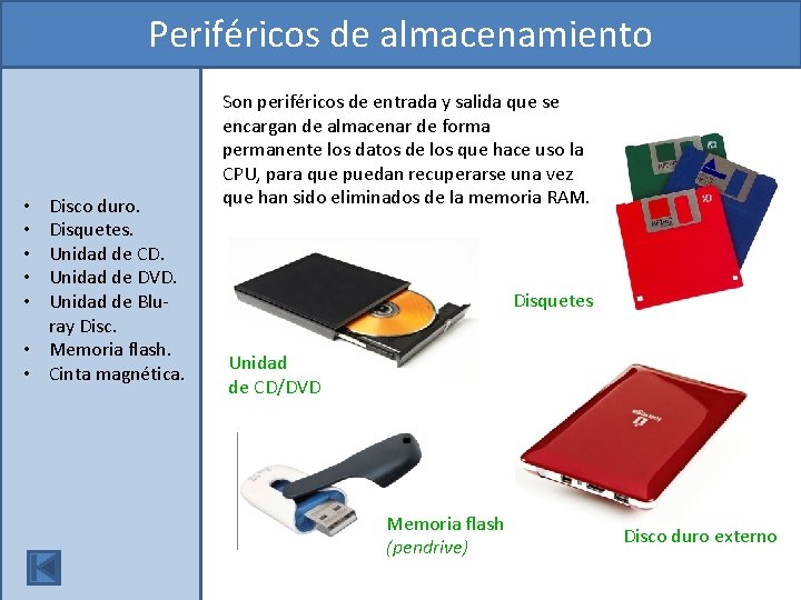 Periféricos de almacenamiento Disco duro. Disquetes. Unidad de CD. Unidad de DVD. Unidad de
