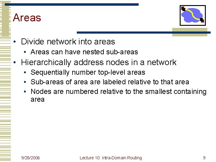 Areas • Divide network into areas • Areas can have nested sub-areas • Hierarchically