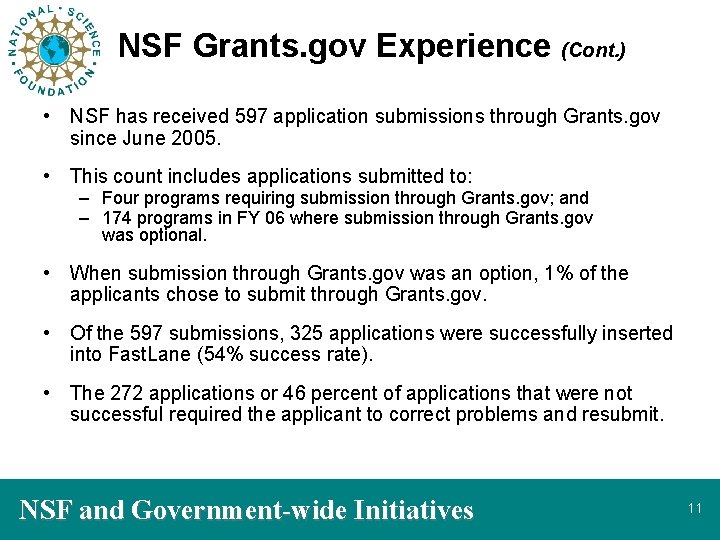 NSF Grants. gov Experience (Cont. ) • NSF has received 597 application submissions through