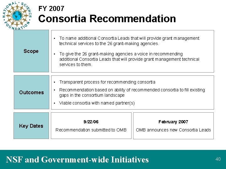 FY 2007 Consortia Recommendation • To name additional Consortia Leads that will provide grant