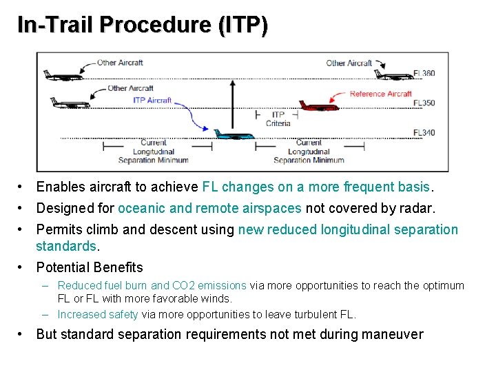 In-Trail Procedure (ITP) • Enables aircraft to achieve FL changes on a more frequent In-Trail Procedure (ITP) • Enables aircraft to achieve FL changes on a more frequent