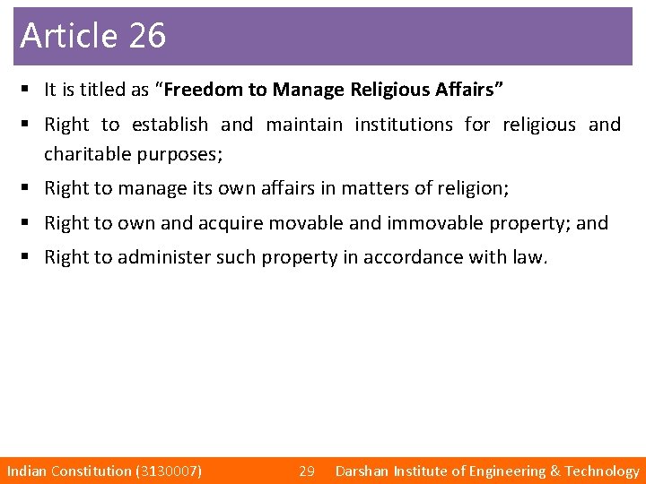 Article 26 § It is titled as “Freedom to Manage Religious Affairs” § Right