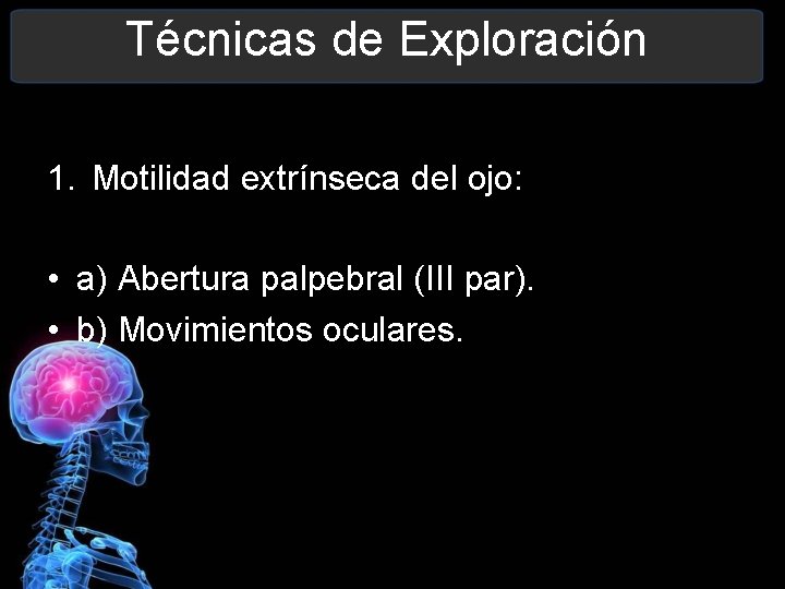 Técnicas de Exploración 1. Motilidad extrínseca del ojo: • a) Abertura palpebral (III par).