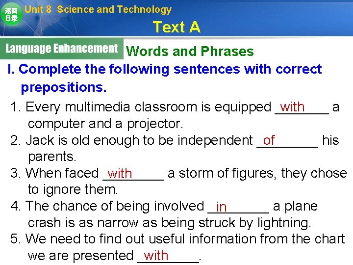 返回 目录 Unit 8 Science and Technology Text A Words and Phrases I. Complete 返回 目录 Unit 8 Science and Technology Text A Words and Phrases I. Complete