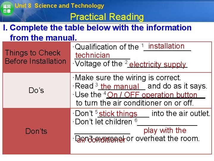 返回 目录 Unit 8 Science and Technology Practical Reading I. Complete the table below 返回 目录 Unit 8 Science and Technology Practical Reading I. Complete the table below