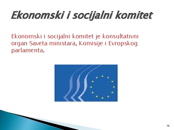 Ekonomski i socijalni komitet je konsultativni organ Saveta ministara, Komisije i Evropskog parlamenta. 76