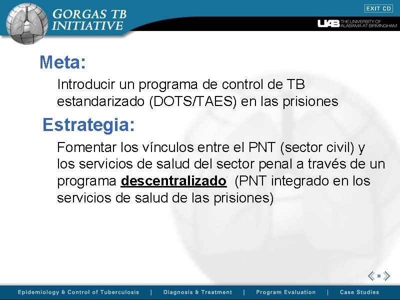 Meta: Introducir un programa de control de TB estandarizado (DOTS/TAES) en las prisiones Estrategia: