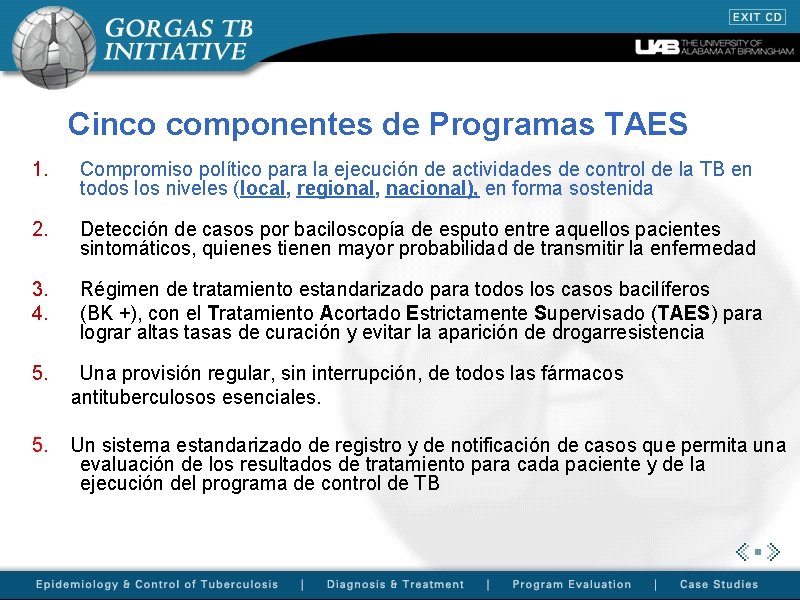 Cinco componentes de Programas TAES 1. Compromiso político para la ejecución de actividades de