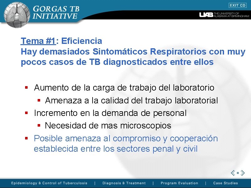 Tema #1: Eficiencia Hay demasiados Sintomáticos Respiratorios con muy pocos casos de TB diagnosticados