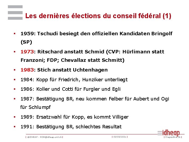 Les dernières élections du conseil fédéral (1) § 1959: Tschudi besiegt den offiziellen Kandidaten