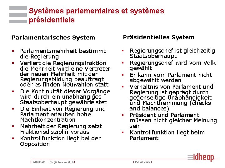 Systèmes parlementaires et systèmes présidentiels Parlamentarisches System § § § Parlamentsmehrheit bestimmt die Regierung
