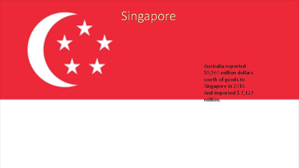 Singapore Australia exported $5, 560 million dollars worth of goods to Singapore in 2016.