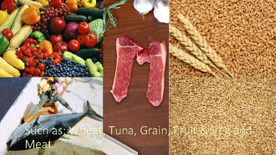 Such as; Wheat, Tuna, Grain, Fruit & Veg and Meat. 