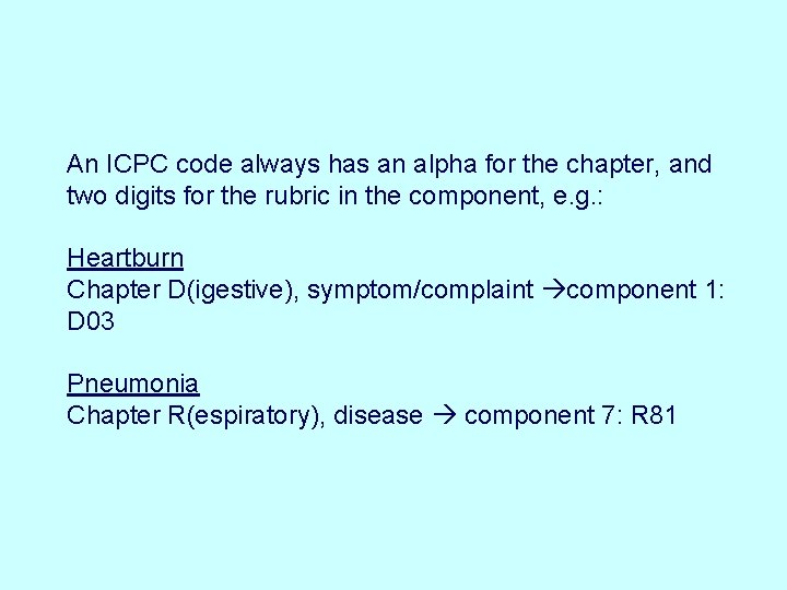 An ICPC code always has an alpha for the chapter, and two digits for An ICPC code always has an alpha for the chapter, and two digits for