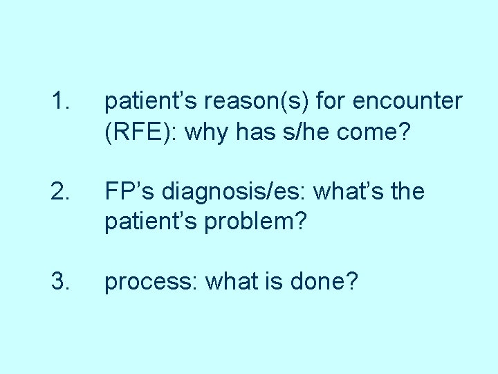 1. patient’s reason(s) for encounter (RFE): why has s/he come? 2. FP’s diagnosis/es: what’s 1. patient’s reason(s) for encounter (RFE): why has s/he come? 2. FP’s diagnosis/es: what’s