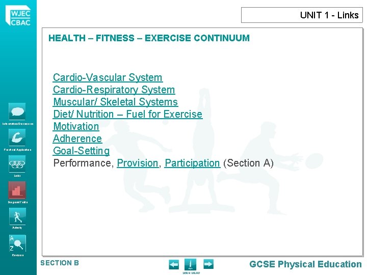 UNIT 1 - Links HEALTH – FITNESS – EXERCISE CONTINUUM Information/Discussion Practical Application Cardio-Vascular