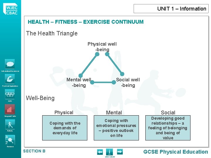 UNIT 1 – Information HEALTH – FITNESS – EXERCISE CONTINUUM The Health Triangle Physical