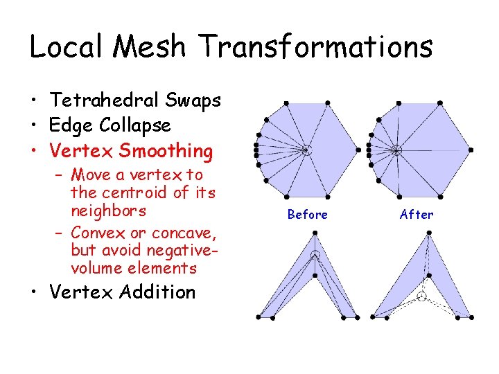 Local Mesh Transformations • Tetrahedral Swaps • Edge Collapse • Vertex Smoothing – Move