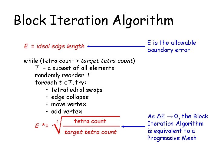 Block Iteration Algorithm E = ideal edge length while (tetra count > target tetra