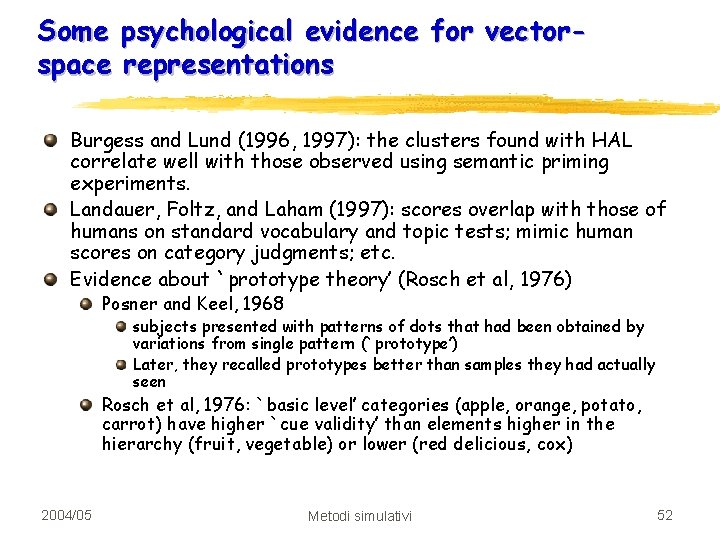 Some psychological evidence for vectorspace representations Burgess and Lund (1996, 1997): the clusters found