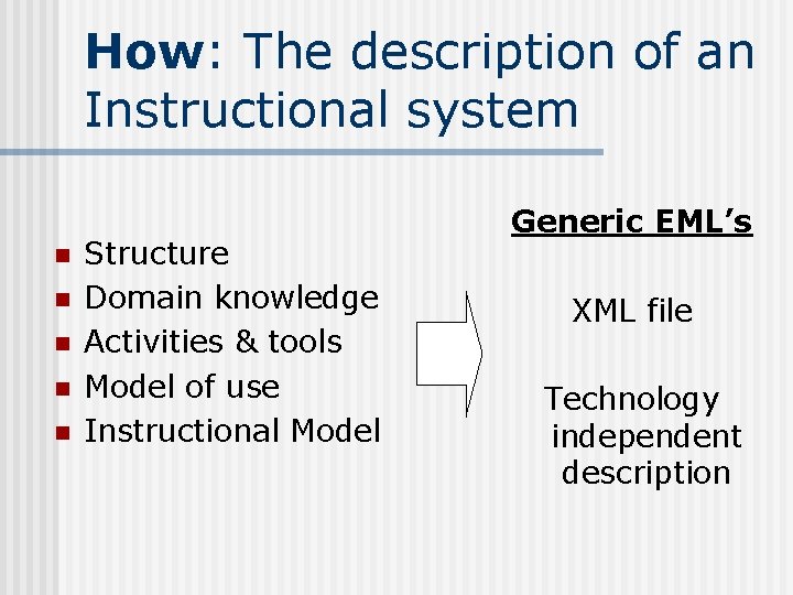 How: The description of an Instructional system n n n Structure Domain knowledge Activities