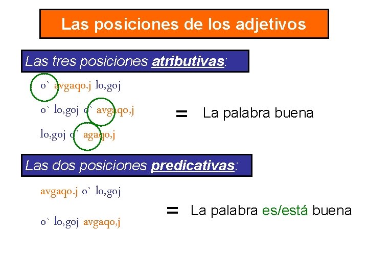 Las posiciones de los adjetivos Las tres posiciones atributivas: o` avgaqo. j lo, goj