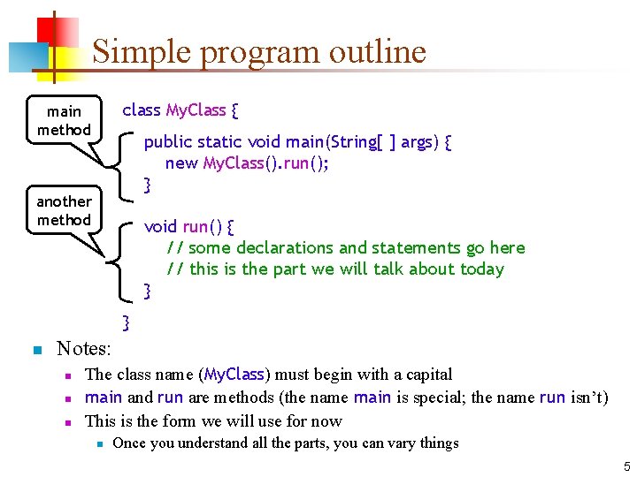 Simple program outline class My. Class { main method public static void main(String[ ]