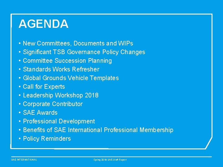 AGENDA • • • New Committees, Documents and WIPs Significant TSB Governance Policy Changes