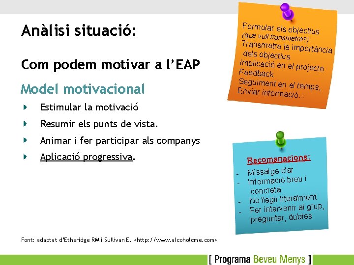 Anàlisi situació: Com podem motivar a l’EAP Model motivacional Formular els ob (que vull