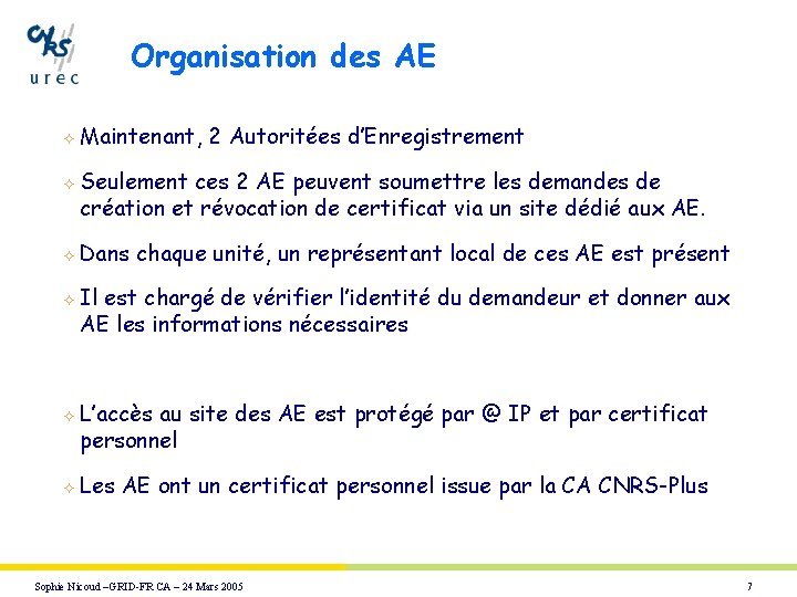 Organisation des AE ² Maintenant, 2 Autoritées d’Enregistrement ² Seulement ces 2 AE peuvent