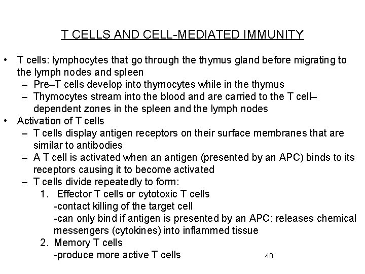 T CELLS AND CELL-MEDIATED IMMUNITY • T cells: lymphocytes that go through the thymus