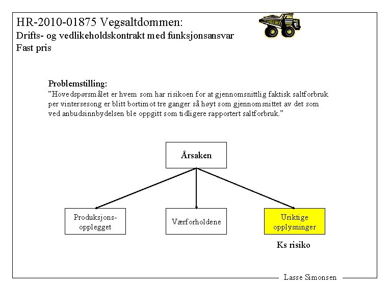 HR-2010 -01875 Vegsaltdommen: Drifts- og vedlikeholdskontrakt med funksjonsansvar Fast pris Problemstilling: ”Hovedspørsmålet er hvem