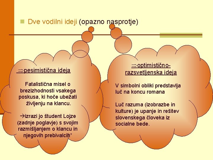 n Dve vodilni ideji (opazno nasprotje) pesimistična ideja Fatalistična misel o brezizhodnosti vsakega poskusa,