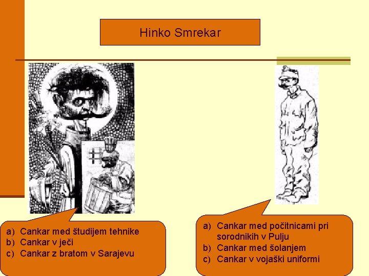 Hinko Smrekar a) Cankar med študijem tehnike b) Cankar v ječi c) Cankar z