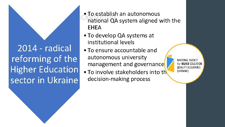  • To establish an autonomous Background national QA system aligned with the EHEA