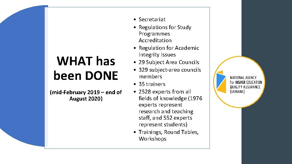 WHAT has been DONE (mid-February 2019 – end of August 2020) • Secretariat •