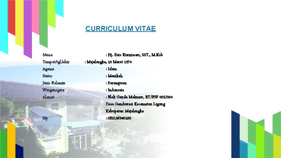 CURRICULUM VITAE Nama Tempat/tgl. lahir Agama Status Jenis Kelamin Warganegara Alamat Hp : Hj.