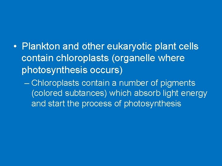  • Plankton and other eukaryotic plant cells contain chloroplasts (organelle where photosynthesis occurs)