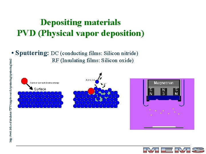 Depositing materials PVD (Physical vapor deposition) http: //web. kth. se/fakulteter/TFY/cmp/research/sputtering. html • Sputtering: DC