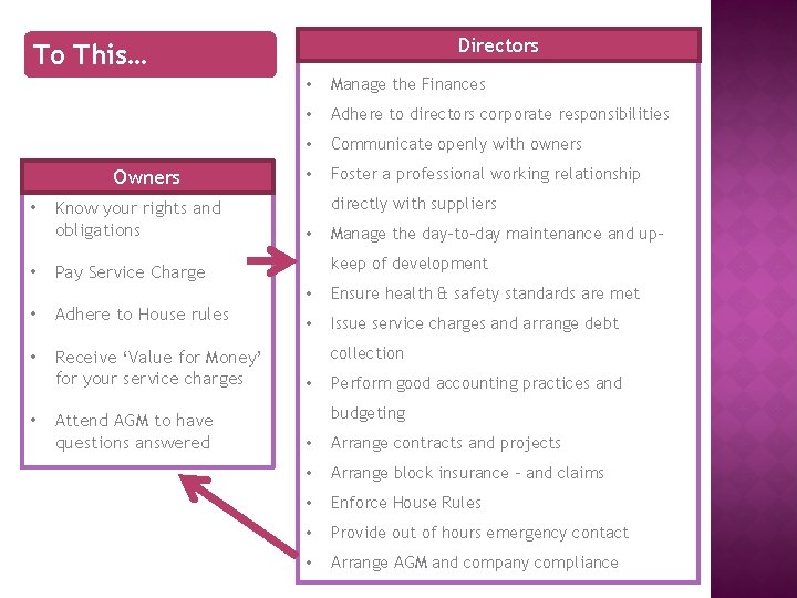 Directors To This… Owners • • Know your rights and obligations Manage the Finances