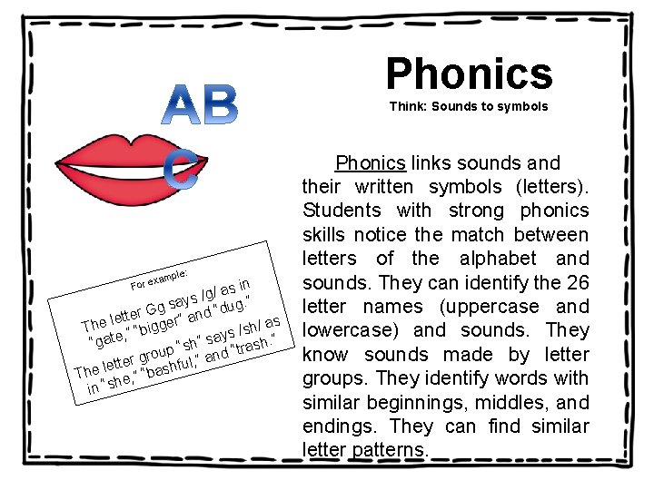 Phonics Think: Sounds to symbols ple: xam For e s in a / g