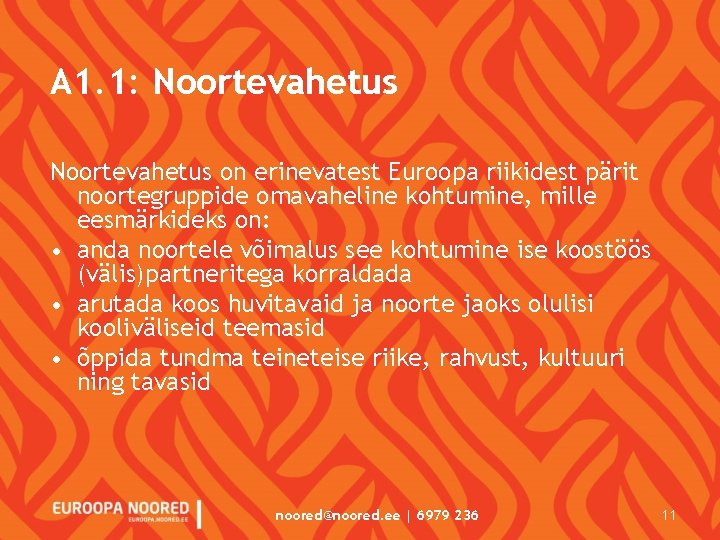 A 1. 1: Noortevahetus on erinevatest Euroopa riikidest pärit noortegruppide omavaheline kohtumine, mille eesmärkideks