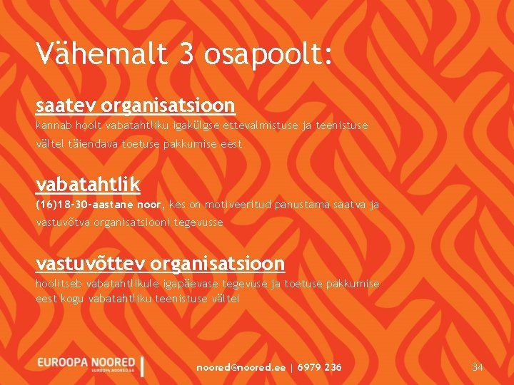 Vähemalt 3 osapoolt: saatev organisatsioon kannab hoolt vabatahtliku igakülgse ettevalmistuse ja teenistuse vältel täiendava