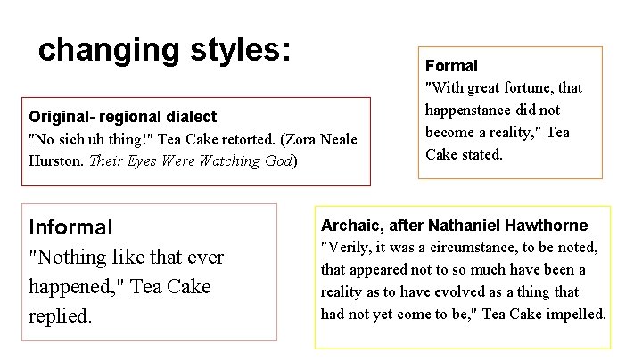 changing styles: Original- regional dialect "No sich uh thing!" Tea Cake retorted. (Zora Neale