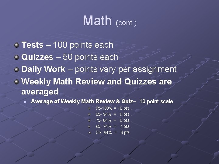 Math (cont. ) Tests – 100 points each Quizzes – 50 points each Daily