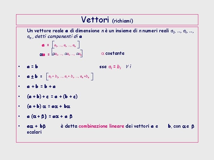 Vettori (richiami) Un vettore reale a di dimensione n è un insieme di n