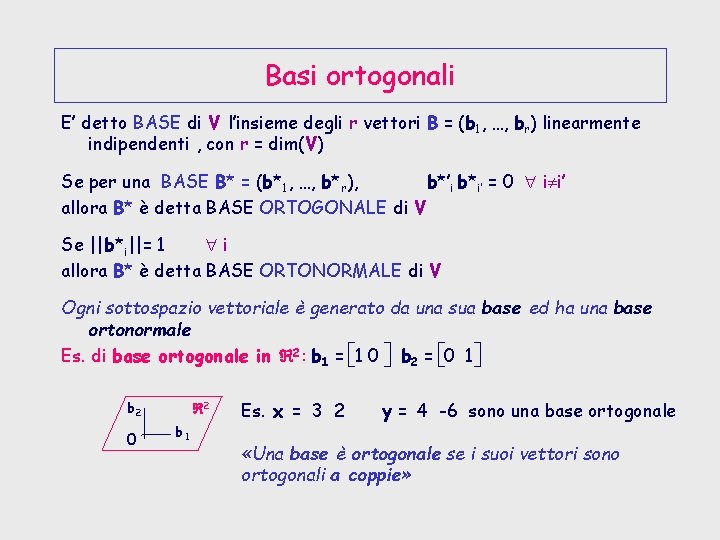 Basi ortogonali E’ detto BASE di V l’insieme degli r vettori B = (b