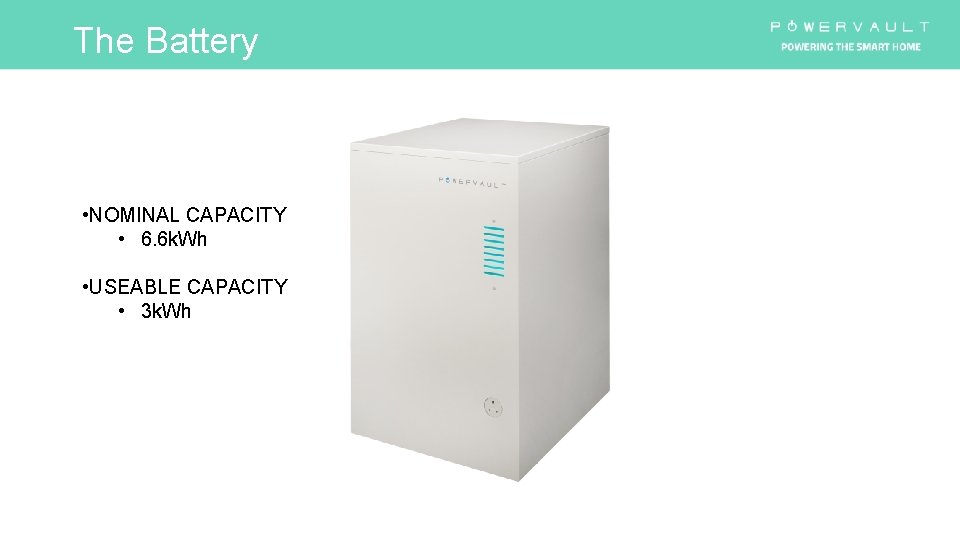 The Battery • NOMINAL CAPACITY • 6. 6 k. Wh • USEABLE CAPACITY •