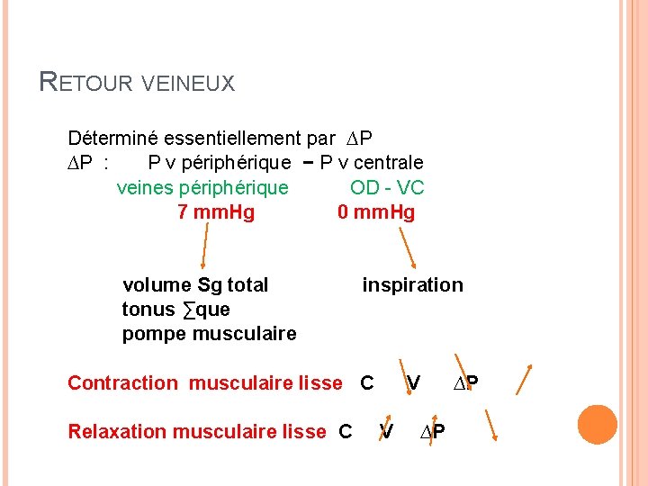 RETOUR VEINEUX Déterminé essentiellement par ∆P ∆P : P v périphérique − P v